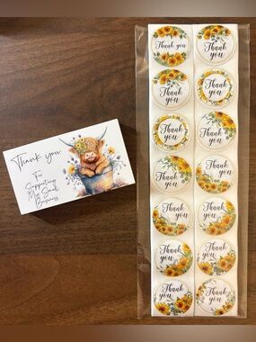 25 Mini 1.5x3” Floral Cow Thank you Cards w/100ct 1” Sunflower Stickers